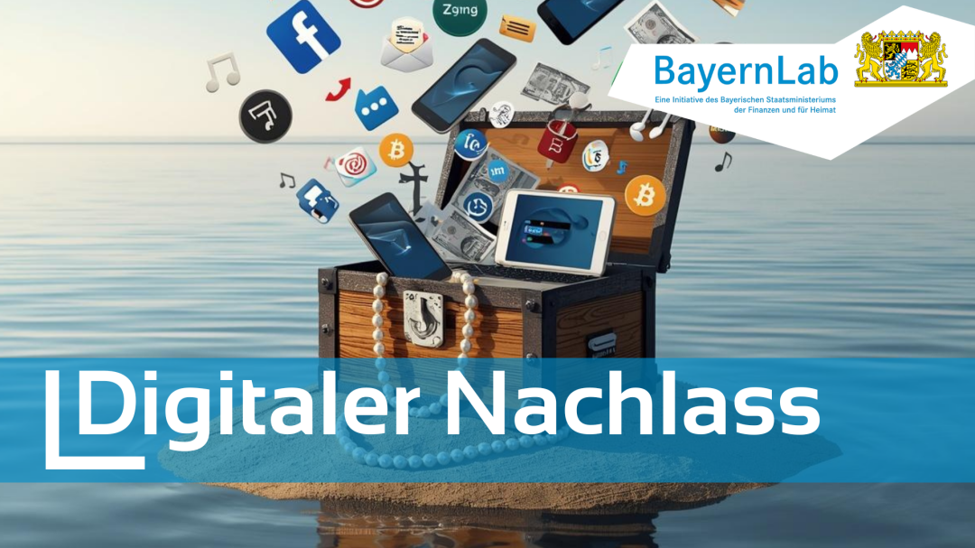Eine hölzerne Schatztruhe steht auf einer Sandbank. Sie ist geöffnet. Aus ihr heraus sprudeln Geldscheine, Perlenketten, digitale Geräte wie Smartphones und Tablets und Symbole der digitalen Wel wie z.B. ein Logo von WhatsApp, Facebook und Instagram.
